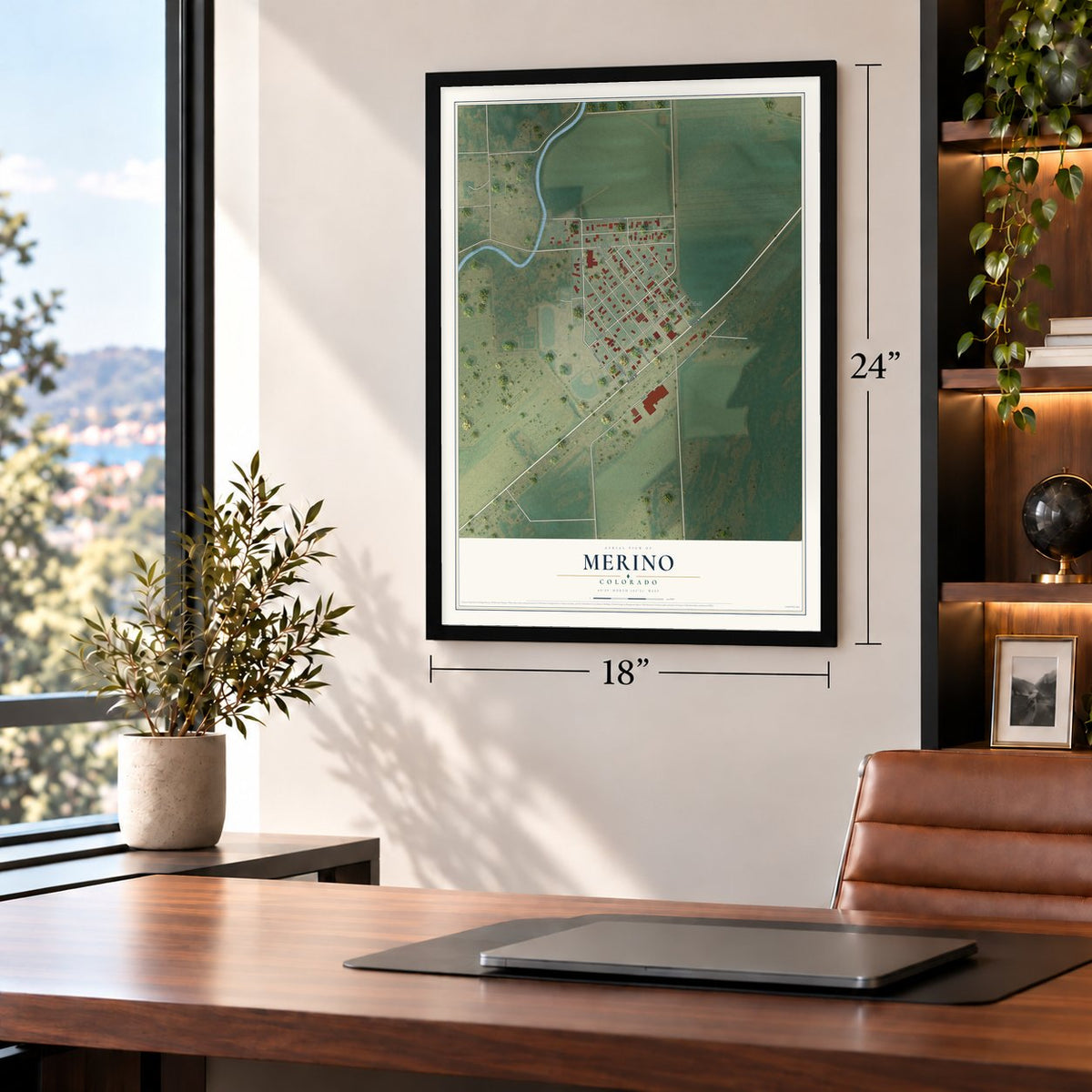 Merino, Colorado map, 18 x 24 inch print in a black frame in a home office