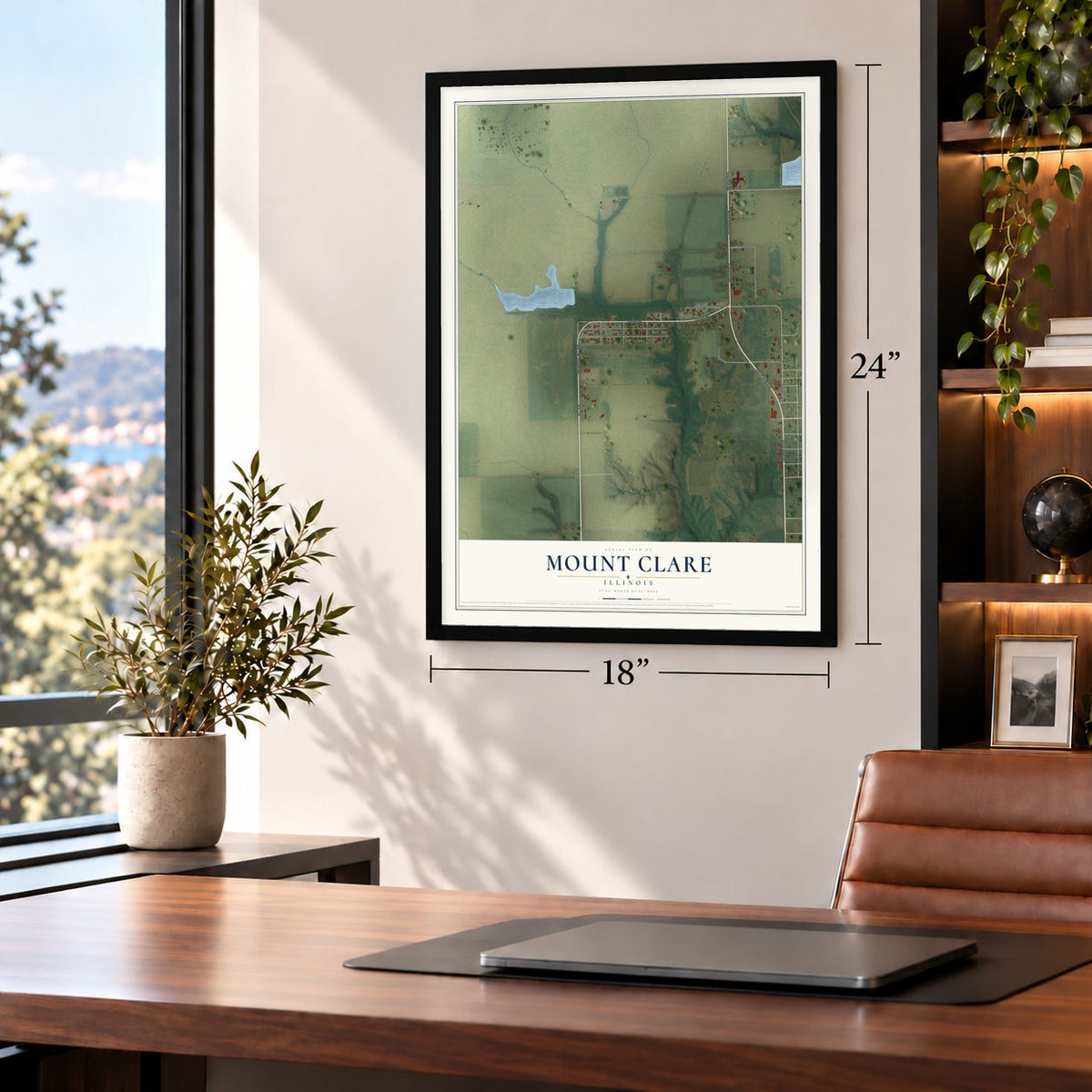 Mount Clare, Illinois map, 18 x 24 inch print in a black frame in a home office