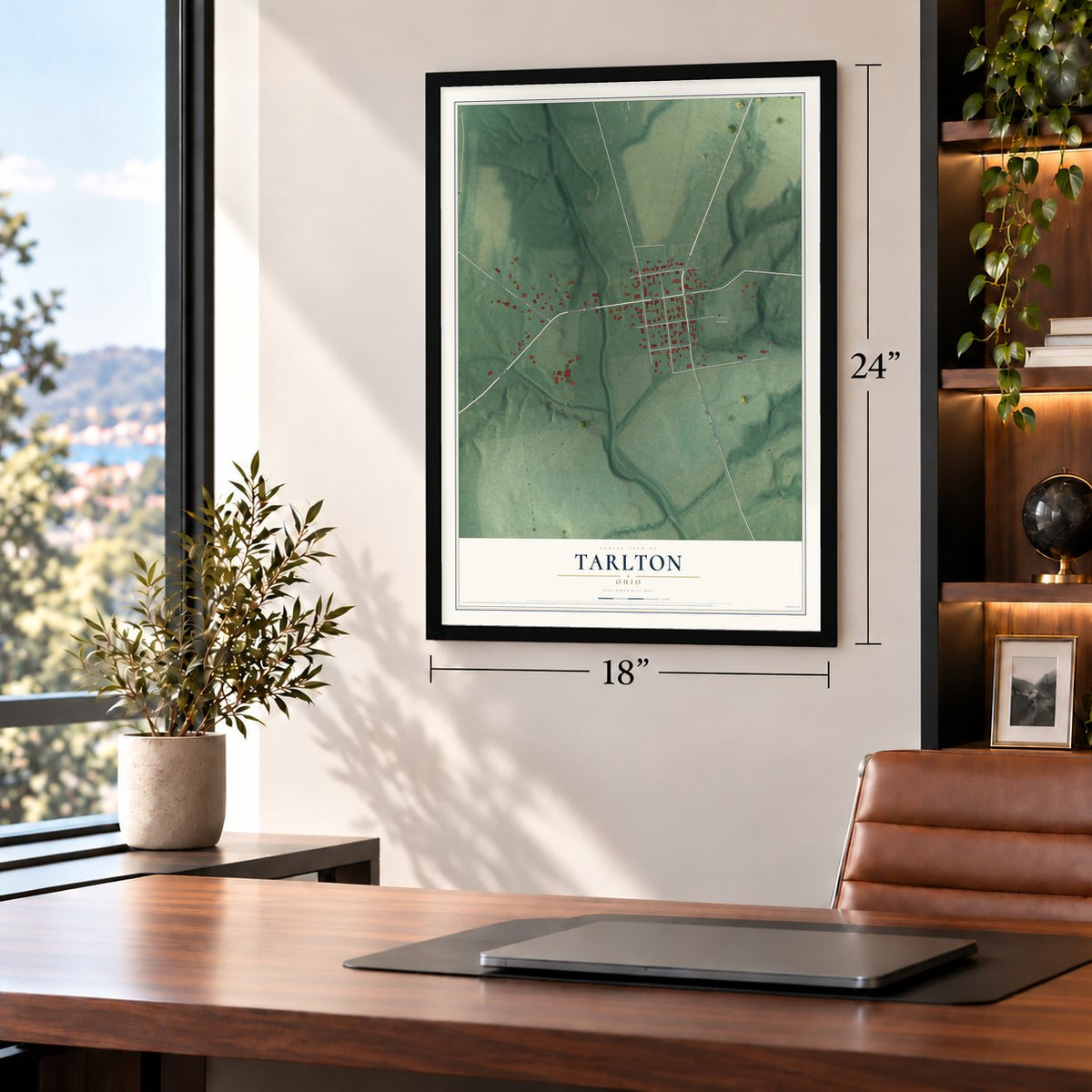Tarlton, Ohio map, 18 x 24 inch print in a black frame in a home office
