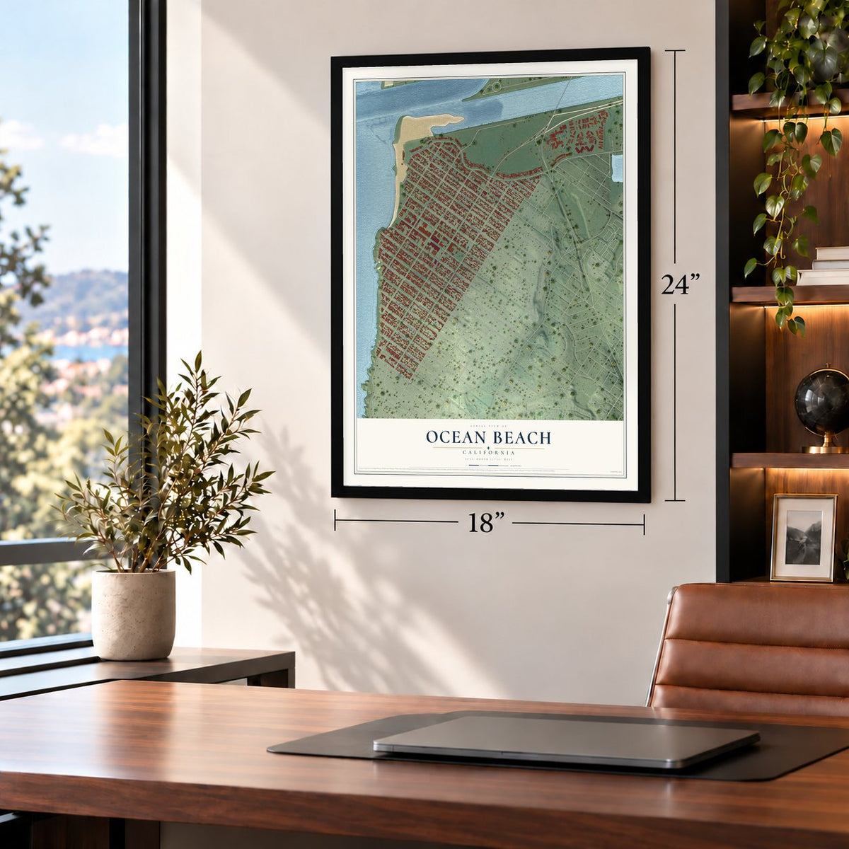 Ocean Beach, California map, 18 x 24 inch print in a black frame in a home office