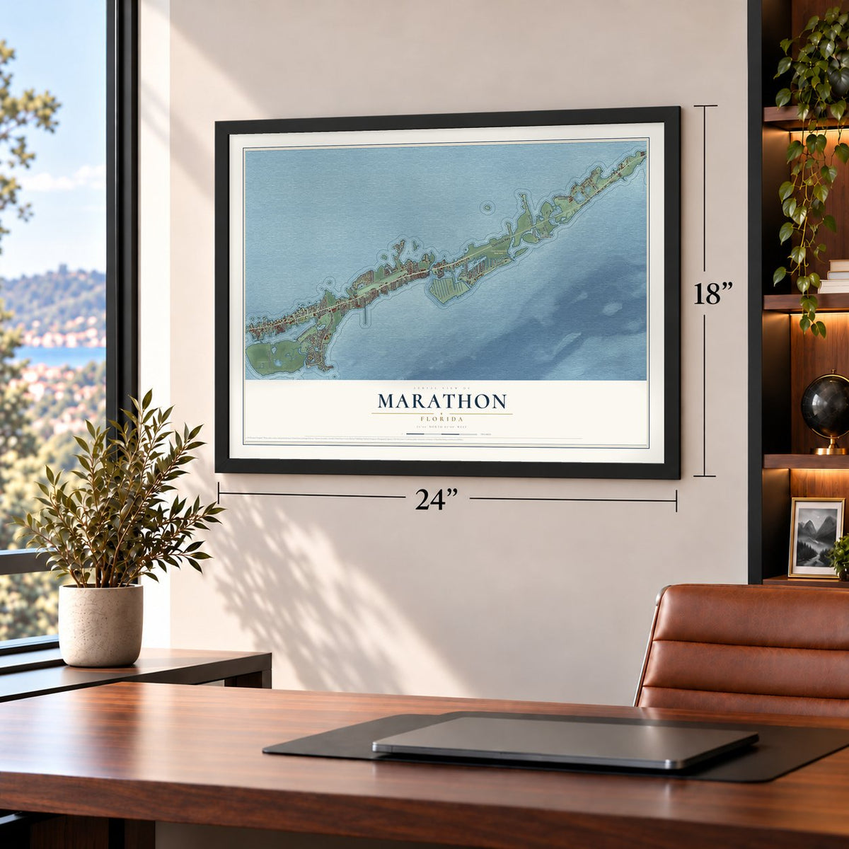 Marathon, Florida map, 18 x 24 inch print in a black frame in a home office