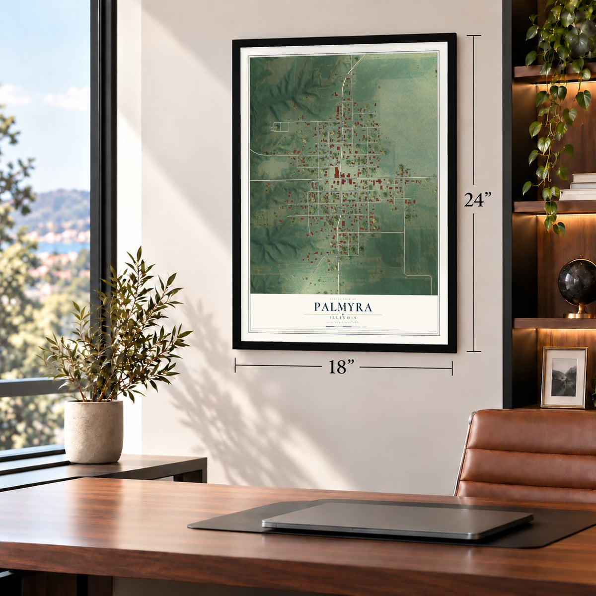 Palmyra, Illinois map, 18 x 24 inch print in a black frame in a home office