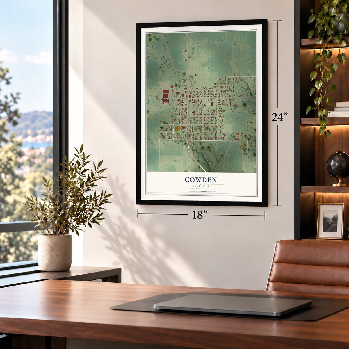 Cowden, Illinois map, 18 x 24 inch print in a black frame in a home office