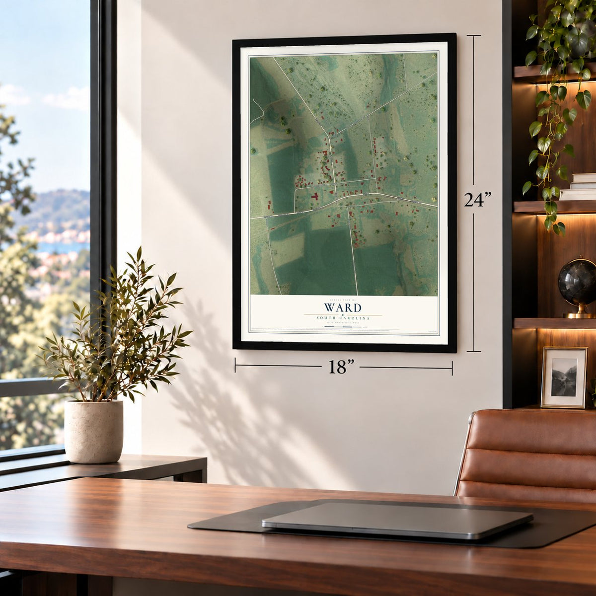Ward, South Carolina map, 18 x 24 inch print in a black frame in a home office