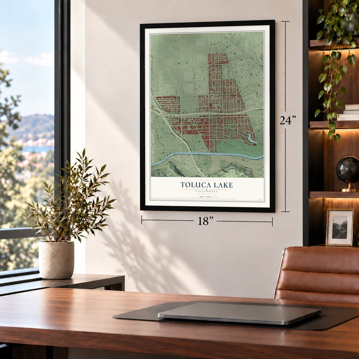 Toluca Lake, California map, 18 x 24 inch print in a black frame in a home office