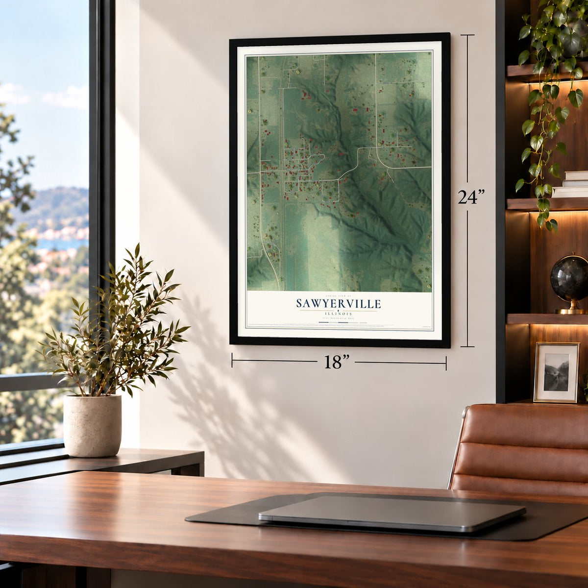 Sawyerville, Illinois map, 18 x 24 inch print in a black frame in a home office