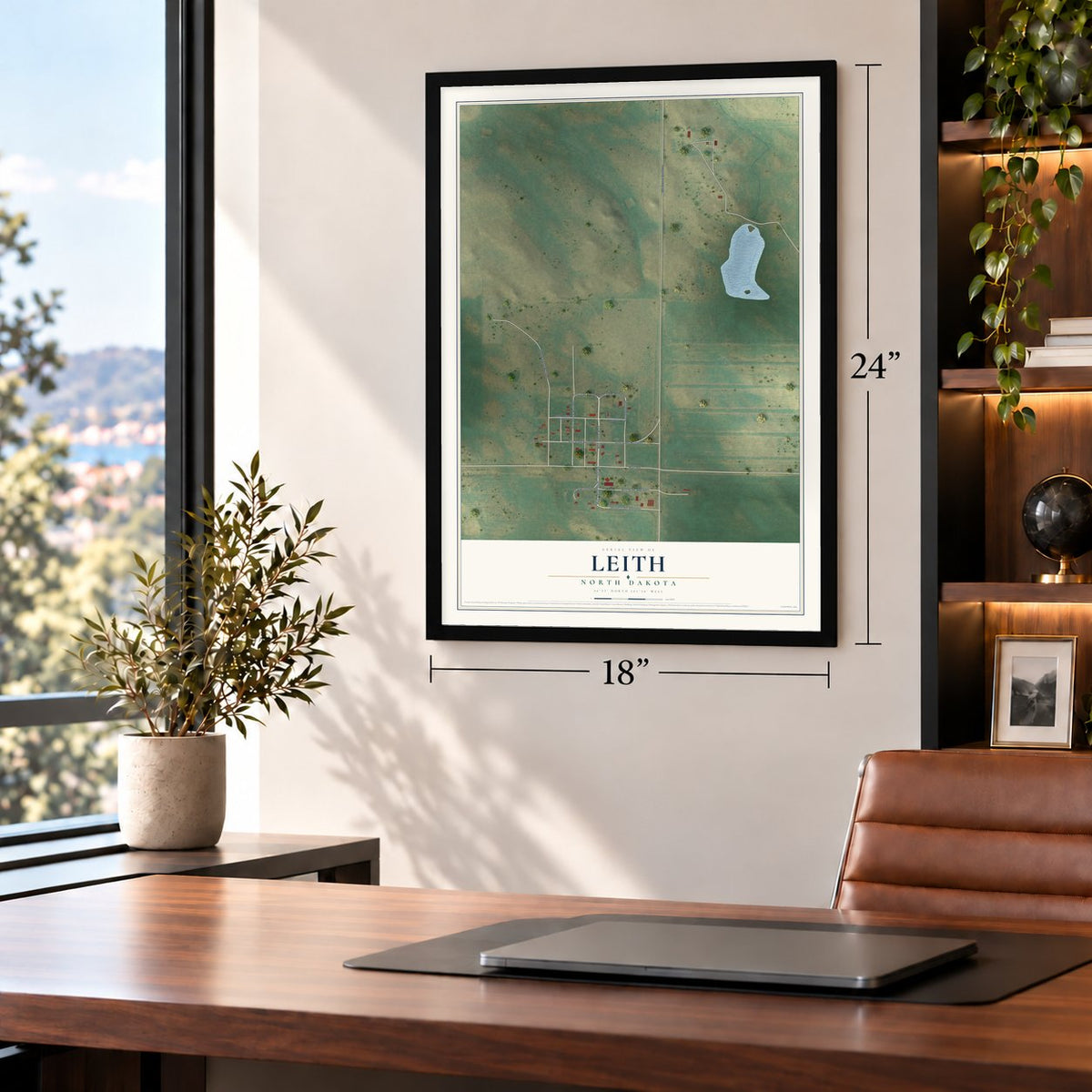 Leith, North Dakota map, 18 x 24 inch print in a black frame in a home office