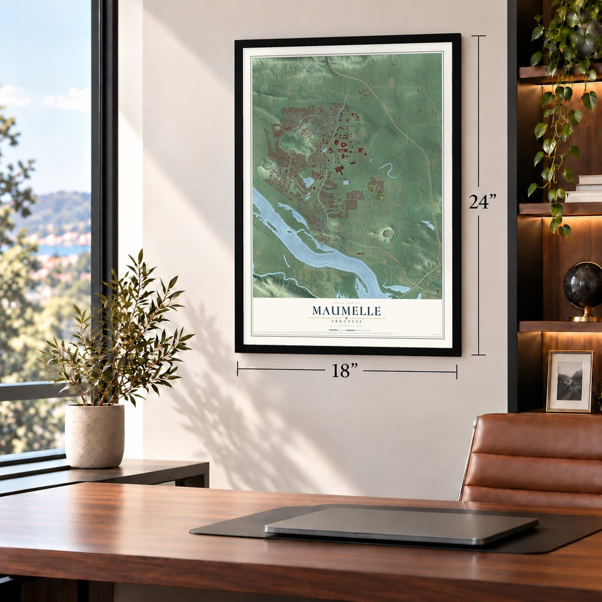 Maumelle, Arkansas map, 18 x 24 inch print in a black frame in a home office