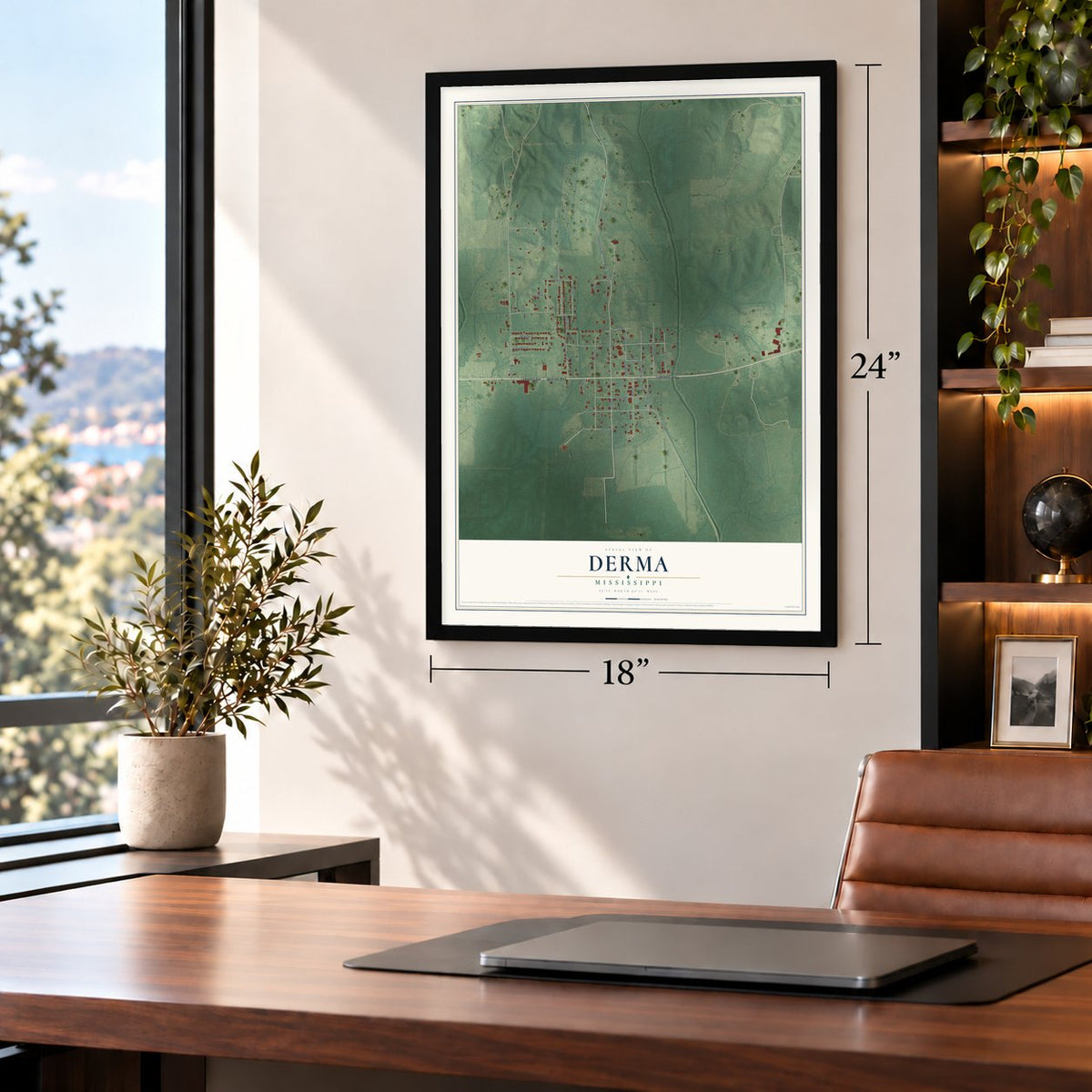 Derma, Mississippi map, 18 x 24 inch print in a black frame in a home office