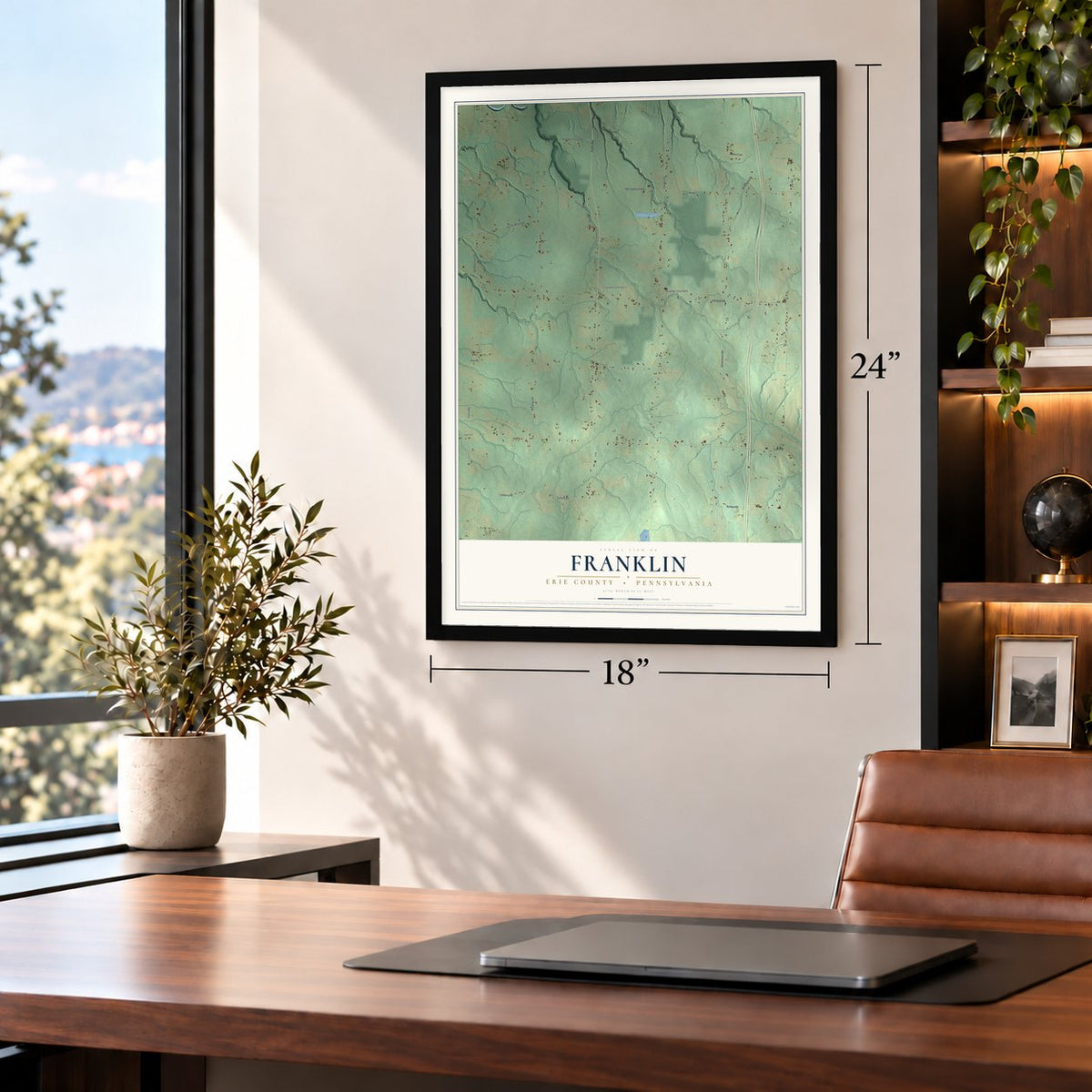 Franklin, Erie County, Pennsylvania map, 18 x 24 inch print in a black frame in a home office