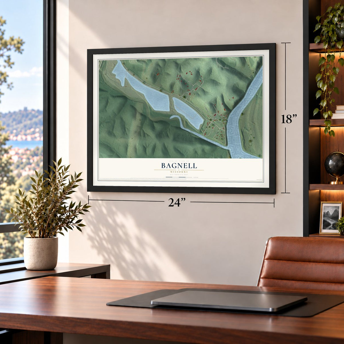 Bagnell, Missouri map, 18 x 24 inch print in a black frame in a home office