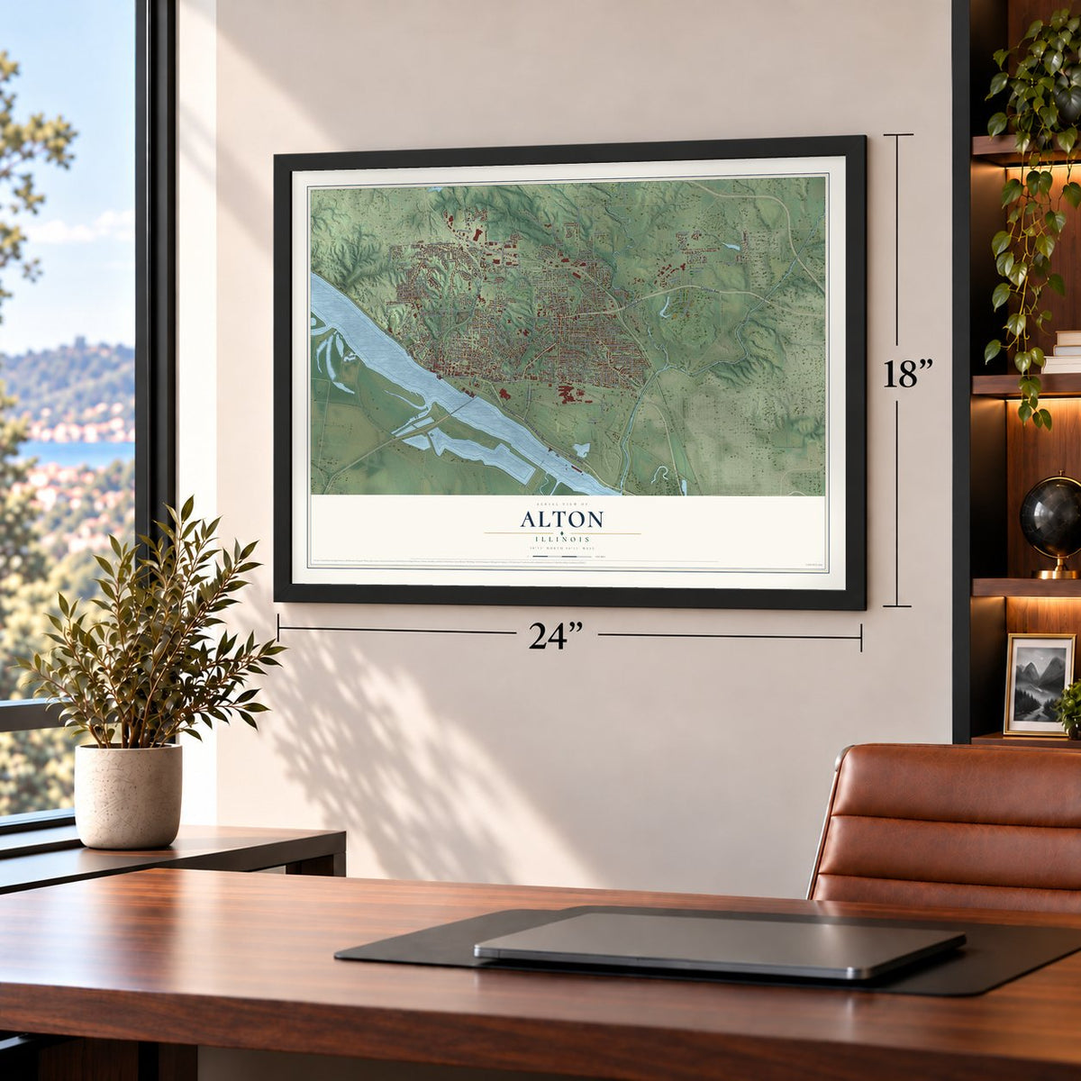 Alton, Illinois map, 18 x 24 inch print in a black frame in a home office