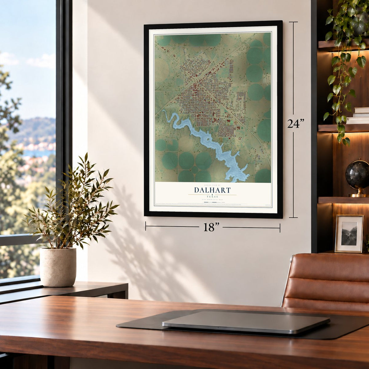 Dalhart, Texas map, 18 x 24 inch print in a black frame in a home office