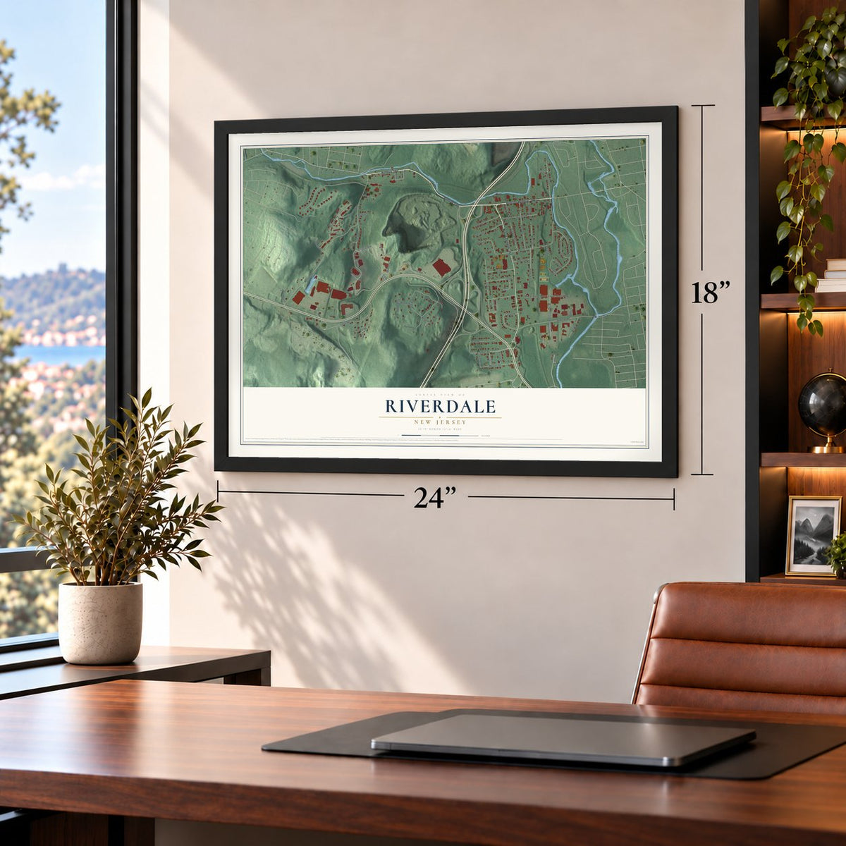 Riverdale, New Jersey map, 18 x 24 inch print in a black frame in a home office