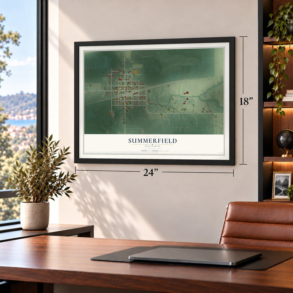 Summerfield, Illinois map, 18 x 24 inch print in a black frame in a home office