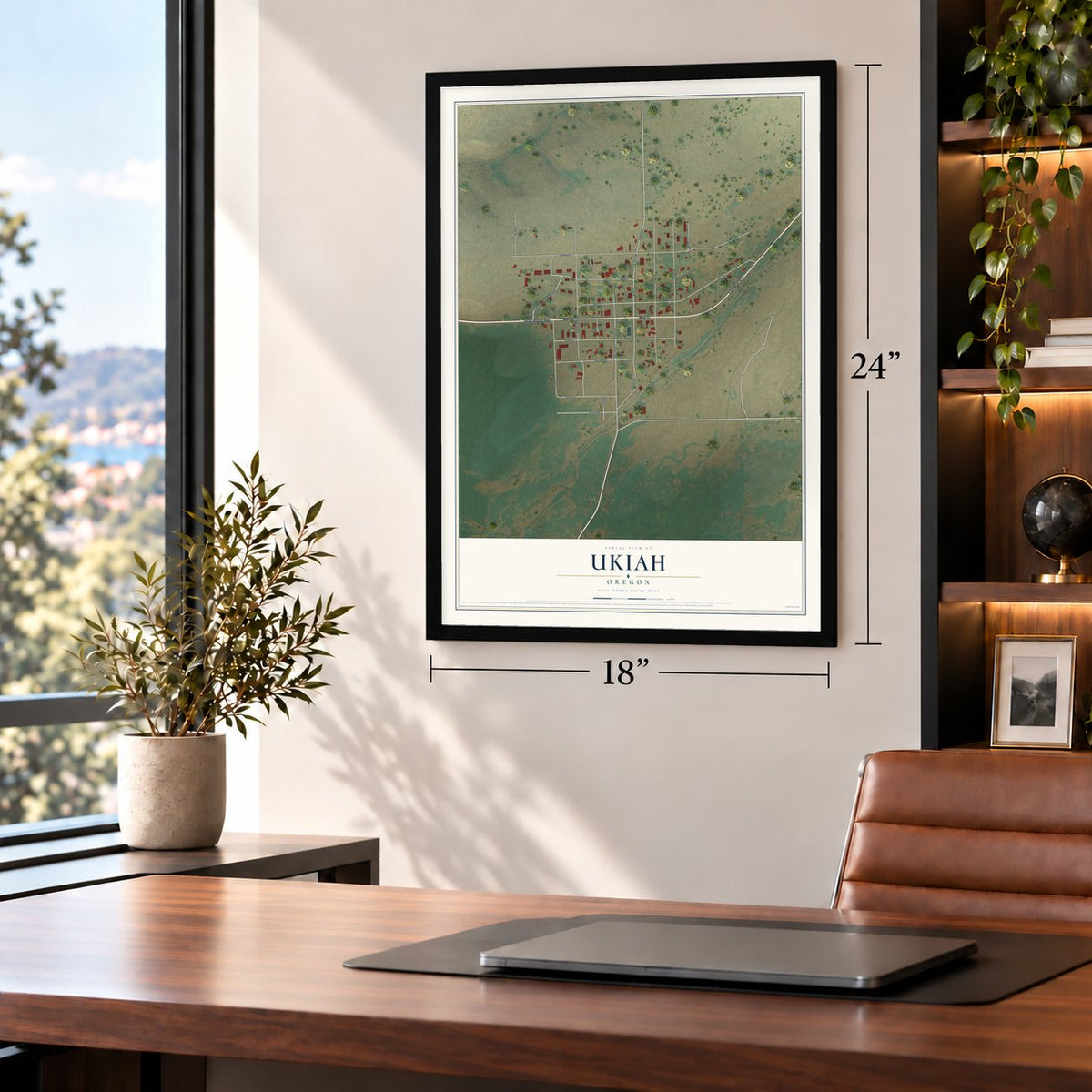 Ukiah, Oregon map, 18 x 24 inch print in a black frame in a home office