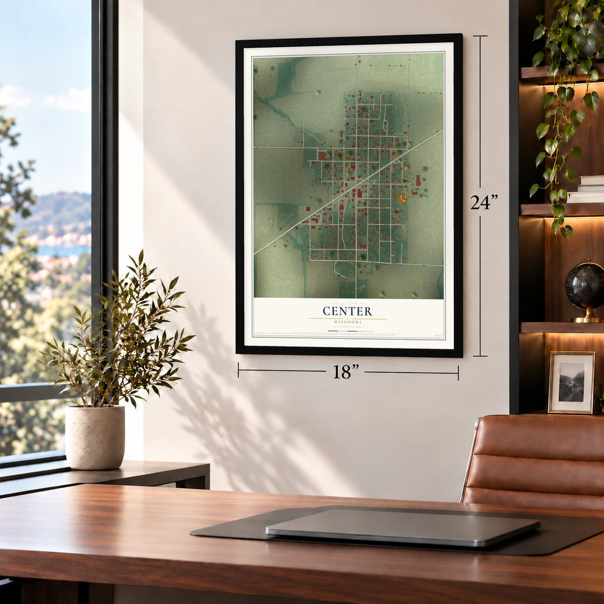Center, Missouri map, 18 x 24 inch print in a black frame in a home office