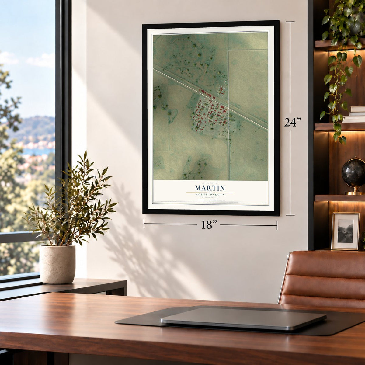 Martin, North Dakota map, 18 x 24 inch print in a black frame in a home office