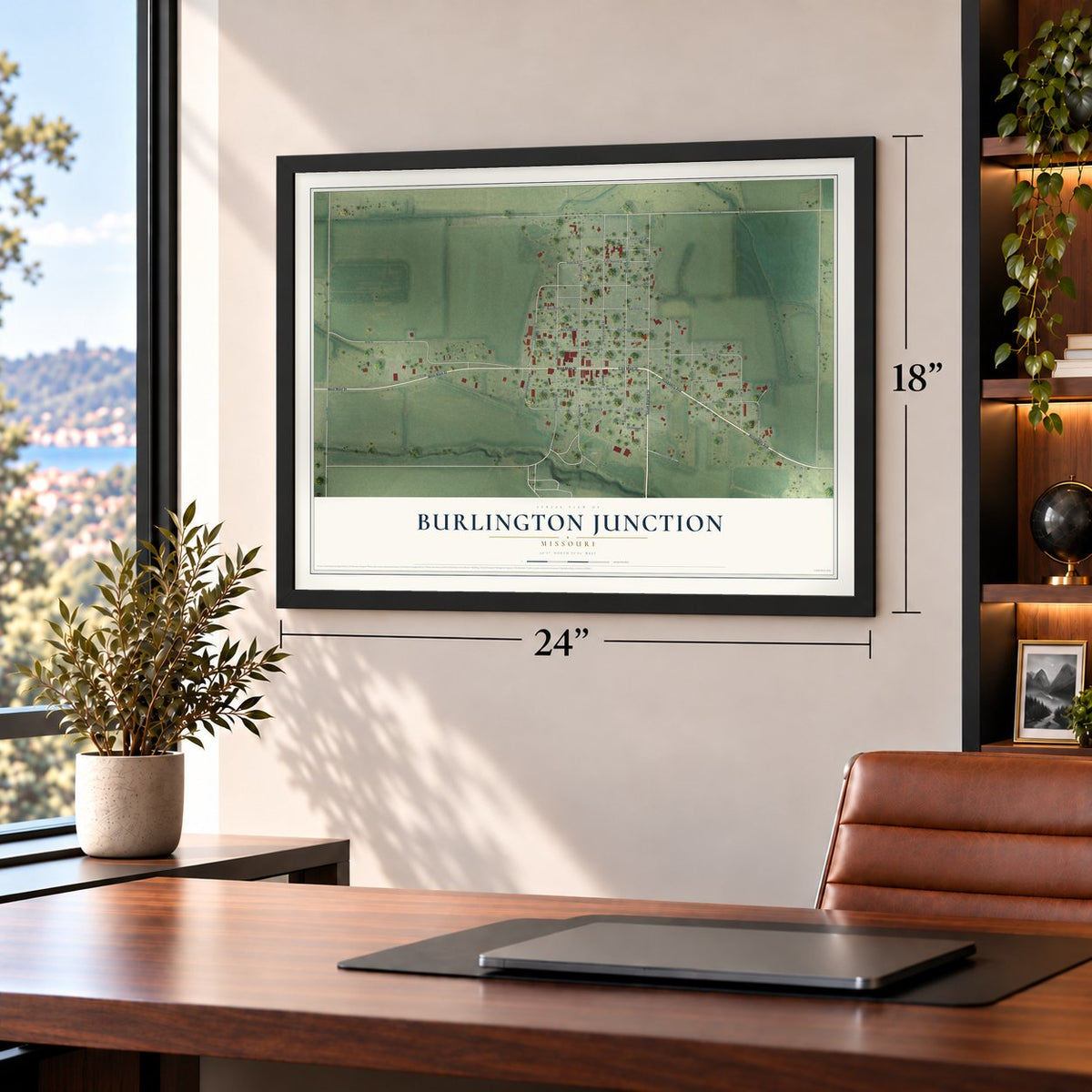 Burlington Junction, Missouri map, 18 x 24 inch print in a black frame in a home office
