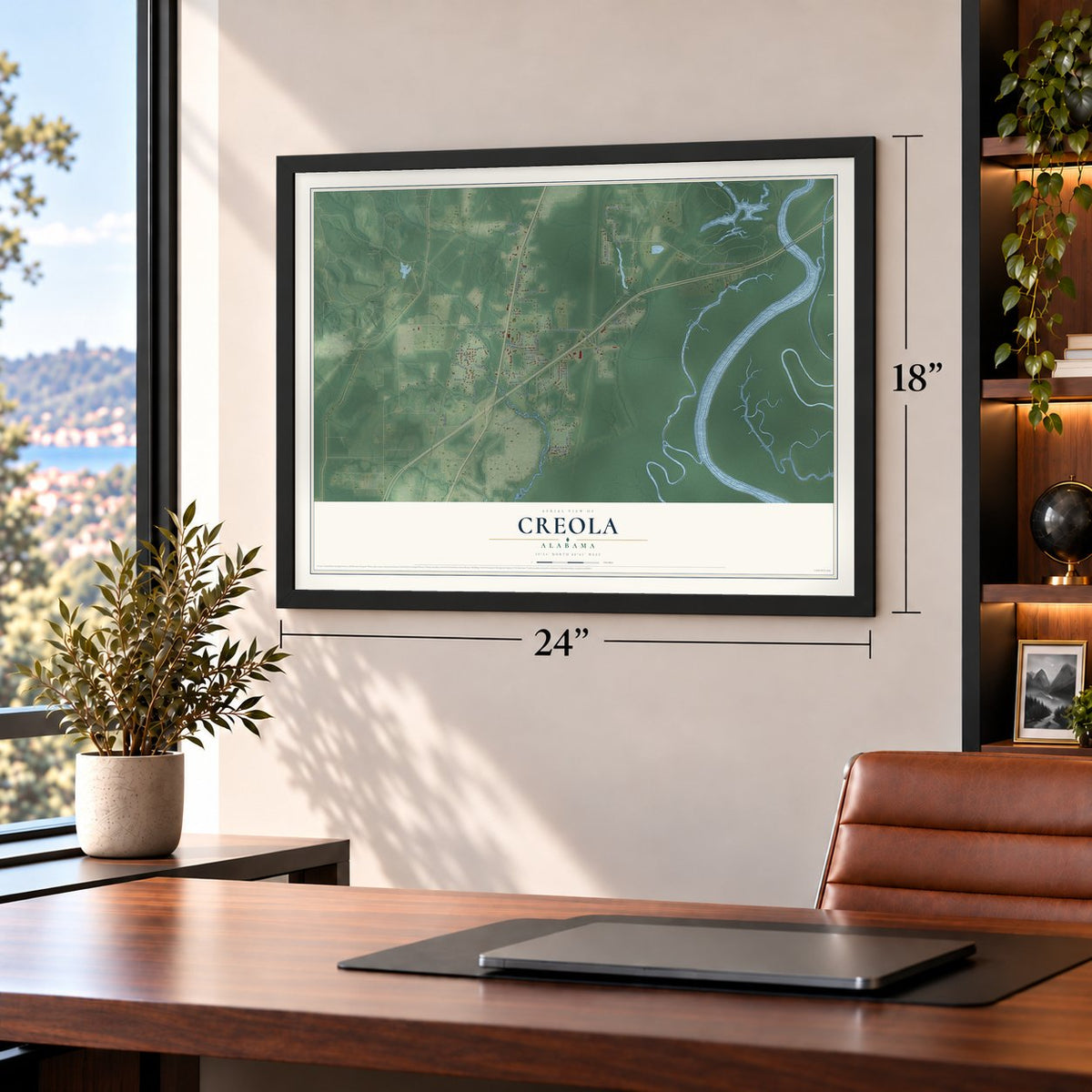 Creola, Alabama map, 18 x 24 inch print in a black frame in a home office