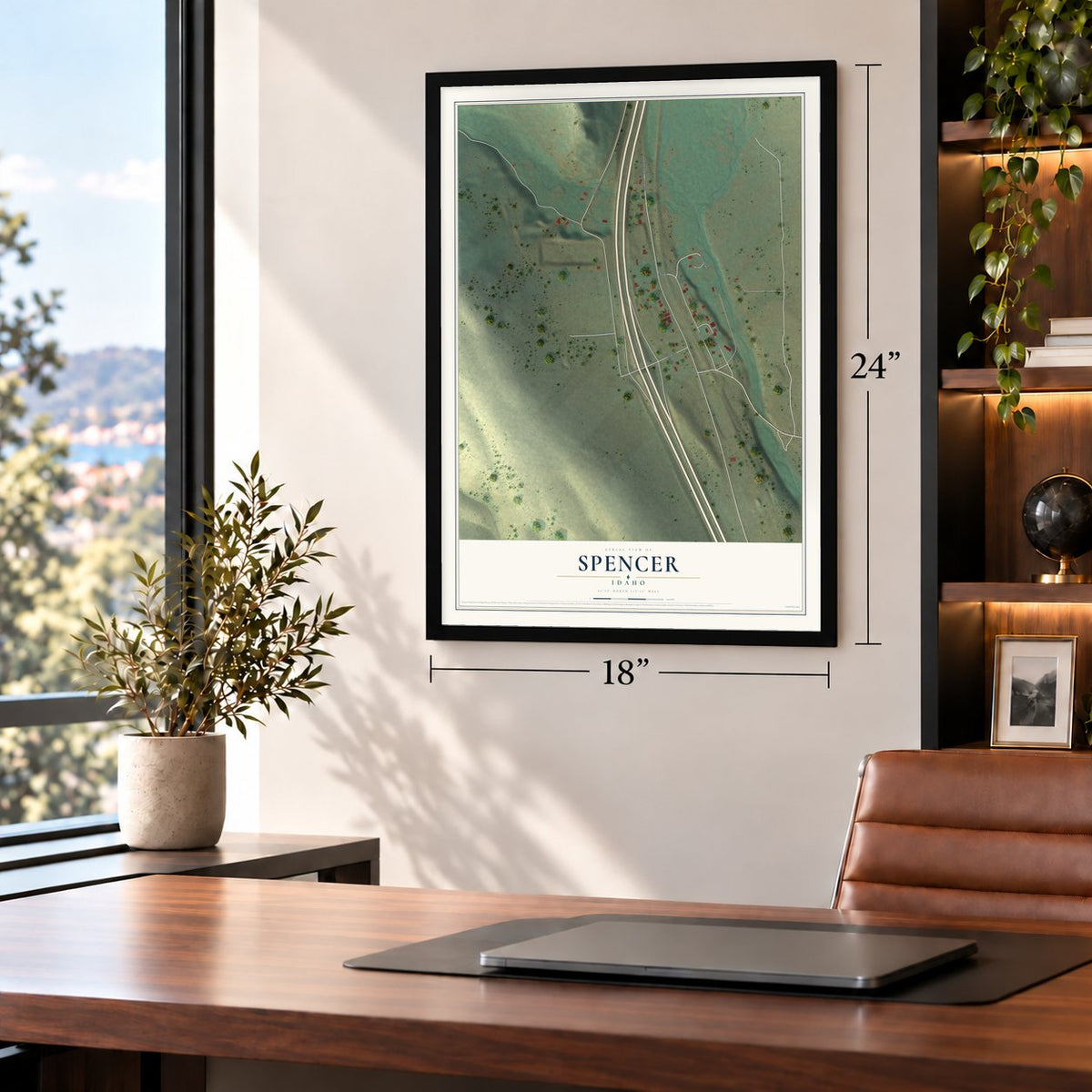 Spencer, Idaho map, 18 x 24 inch print in a black frame in a home office