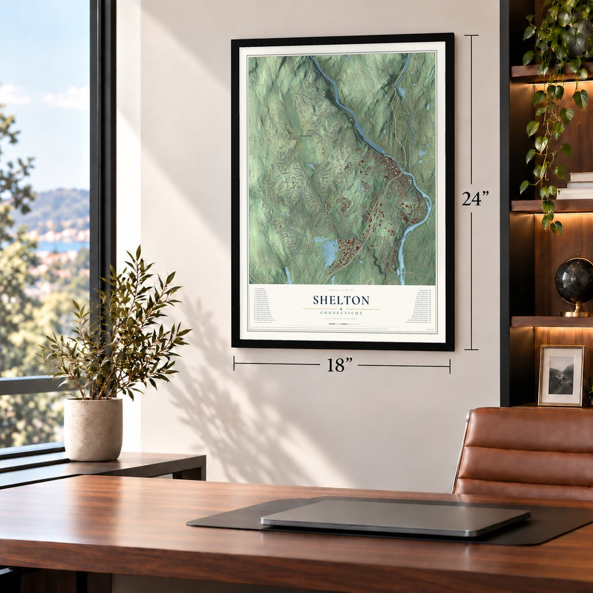Shelton, Connecticut map, 18 x 24 inch print in a black frame in a home office