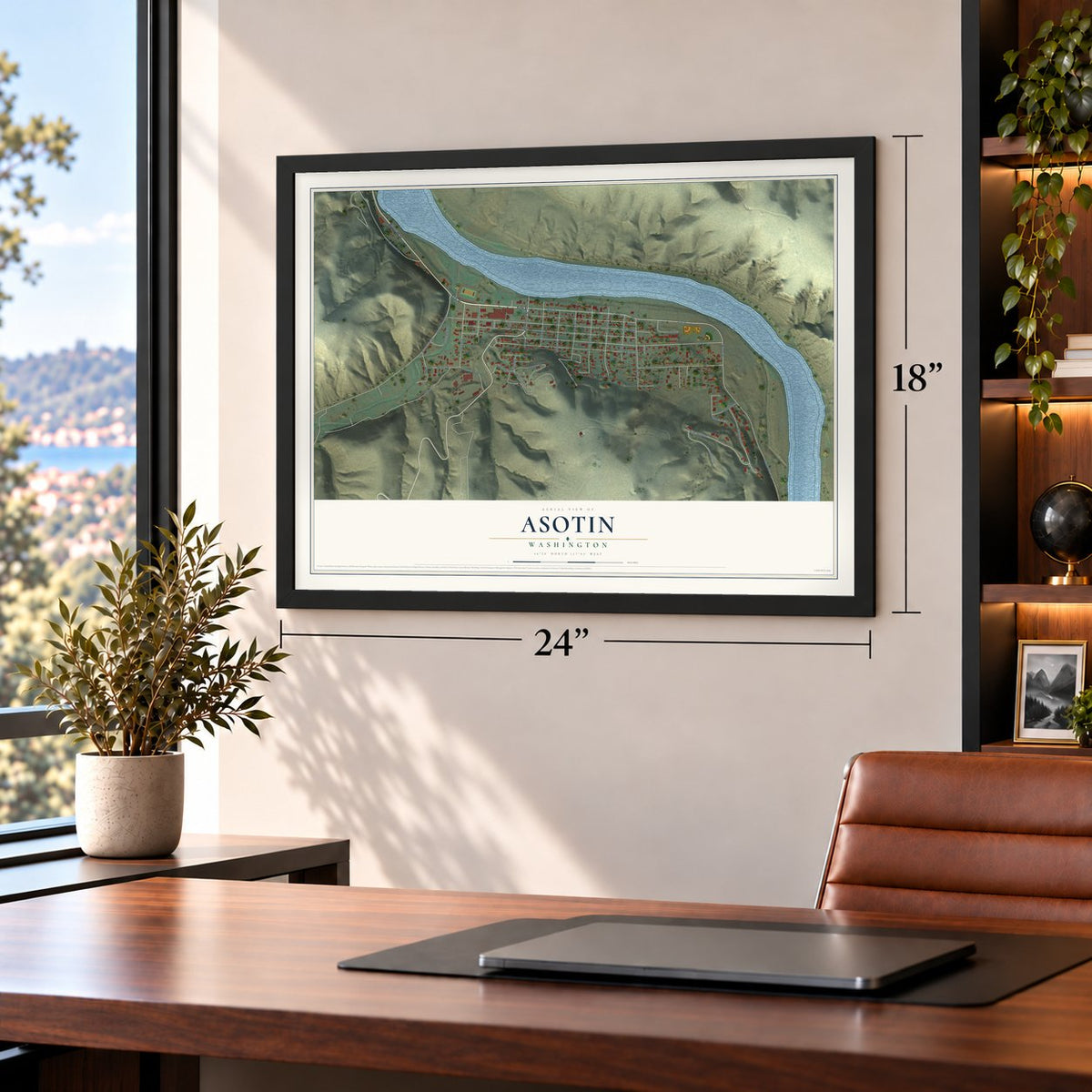 Asotin, Washington map, 18 x 24 inch print in a black frame in a home office