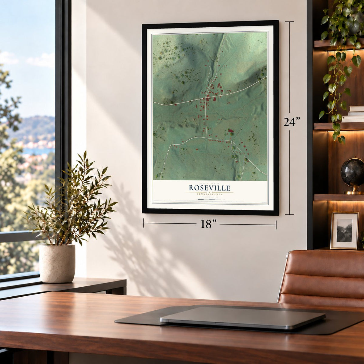 Roseville, Pennsylvania map, 18 x 24 inch print in a black frame in a home office