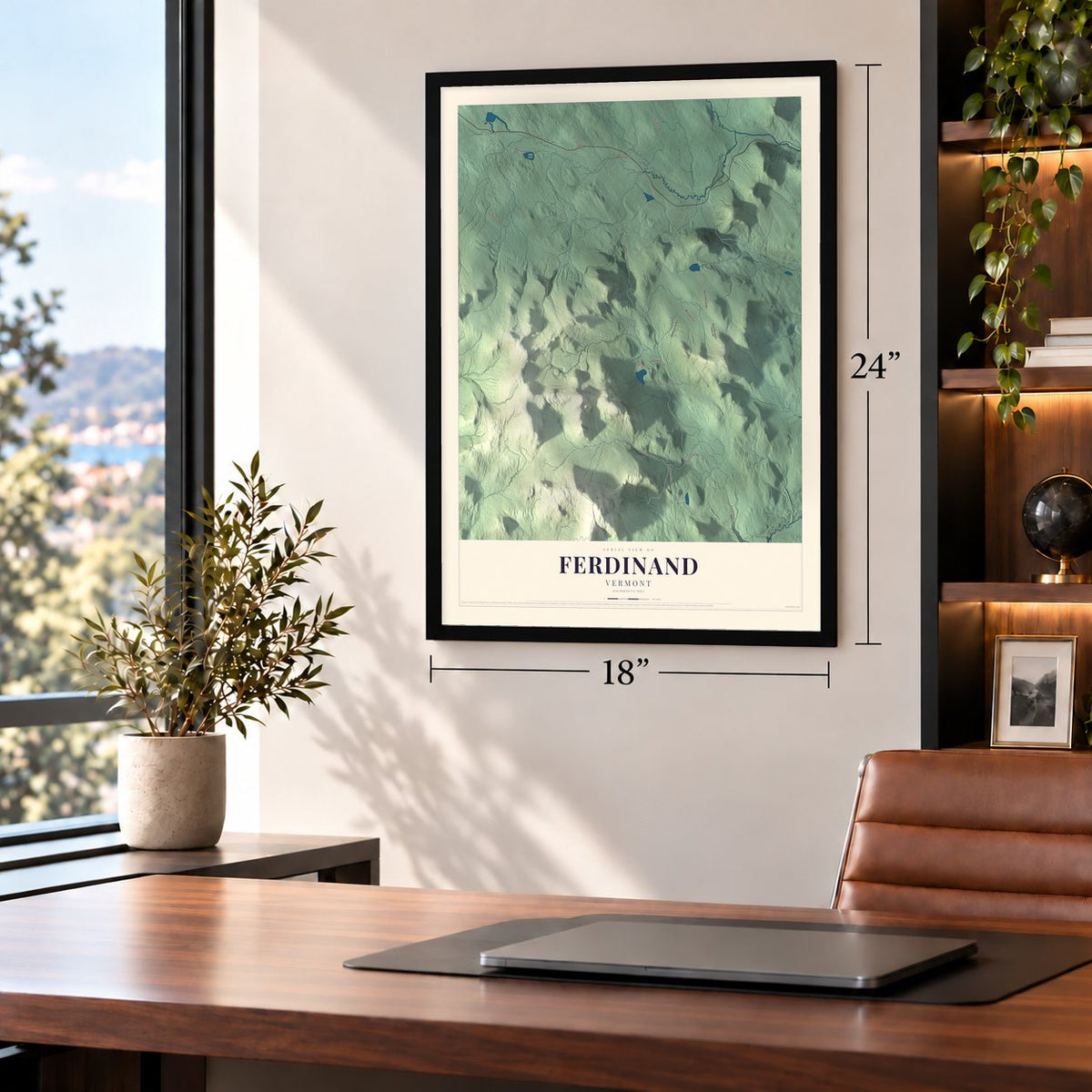 Ferdinand, Vermont map, 18 x 24 inch print in a black frame in a home office