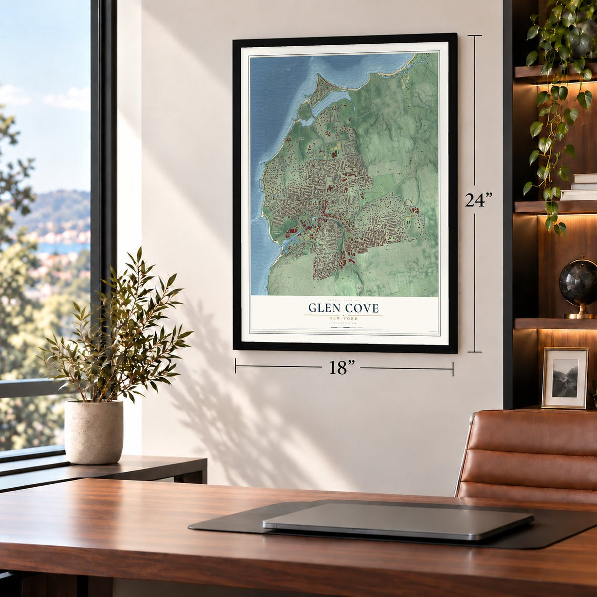 Glen Cove, New York map, 18 x 24 inch print in a black frame in a home office