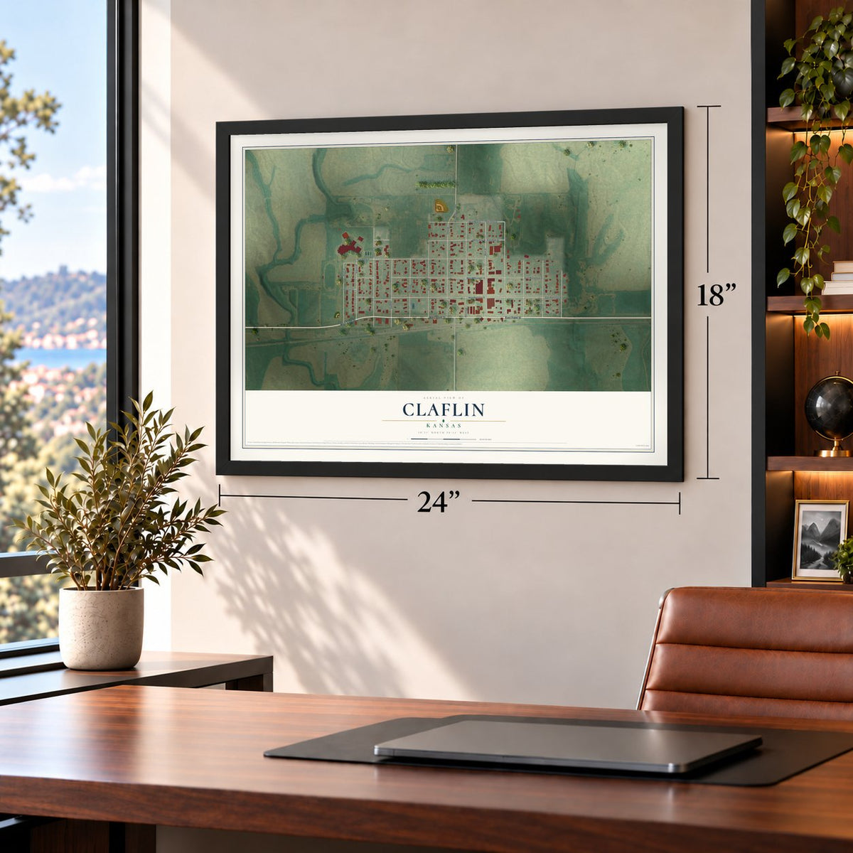 Claflin, Kansas map, 18 x 24 inch print in a black frame in a home office