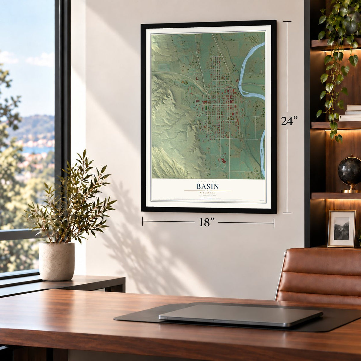 Basin, Wyoming map, 18 x 24 inch print in a black frame in a home office