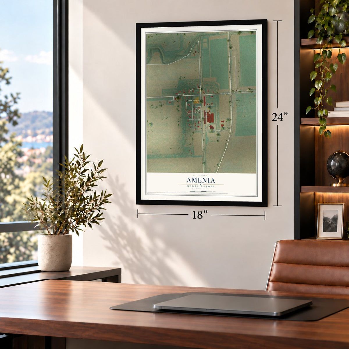 Amenia, North Dakota map, 18 x 24 inch print in a black frame in a home office