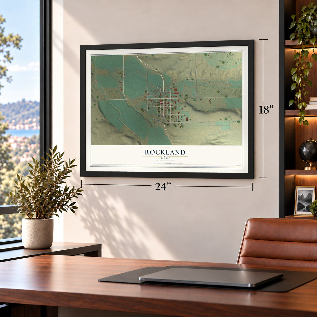 Rockland, Idaho map, 18 x 24 inch print in a black frame in a home office