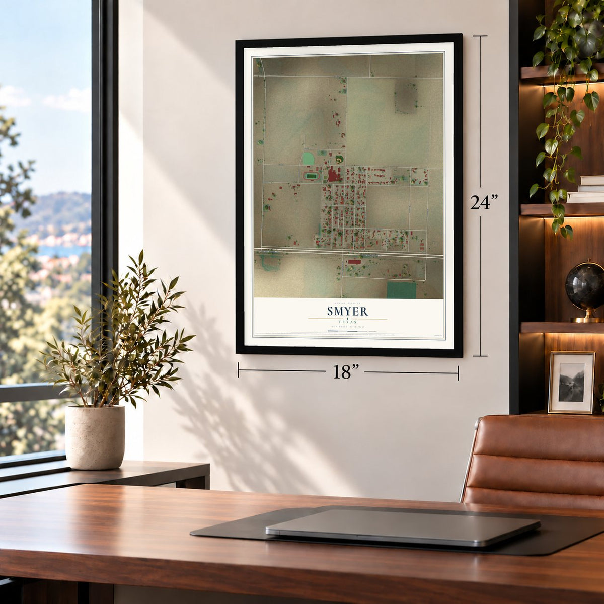 Smyer, Texas map, 18 x 24 inch print in a black frame in a home office