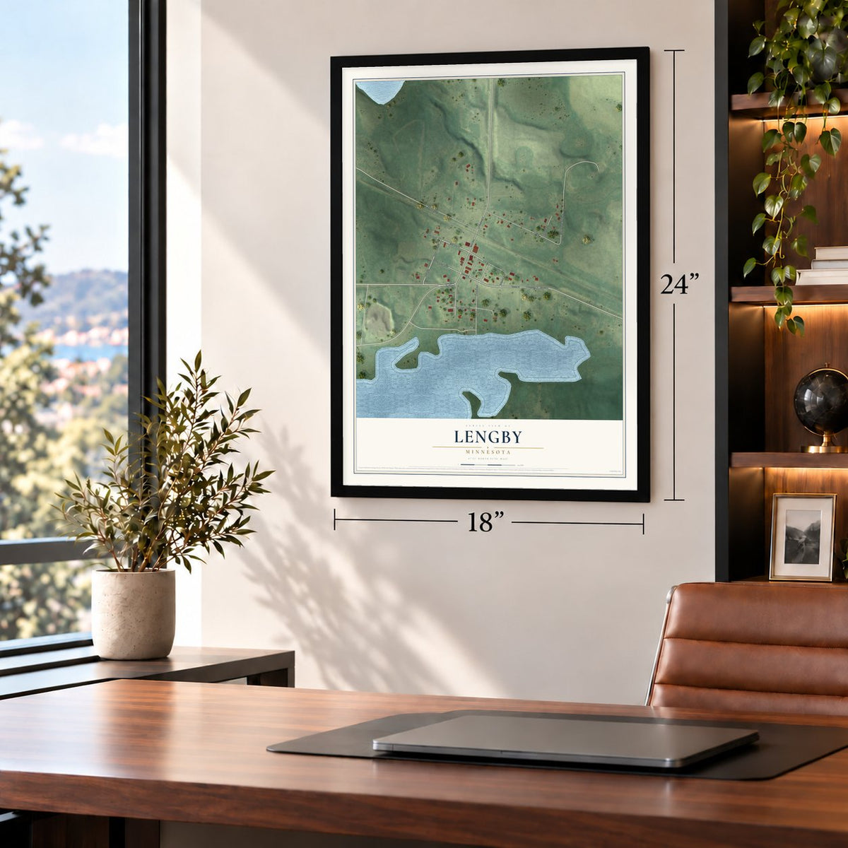 Lengby, Minnesota map, 18 x 24 inch print in a black frame in a home office