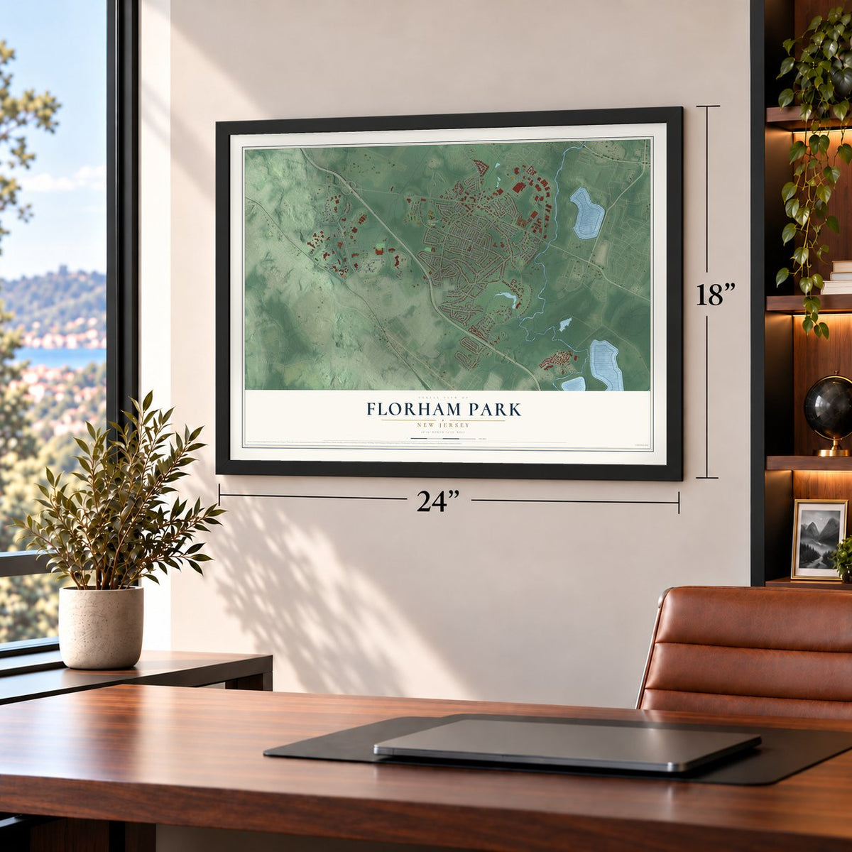 Florham Park, New Jersey map, 18 x 24 inch print in a black frame in a home office