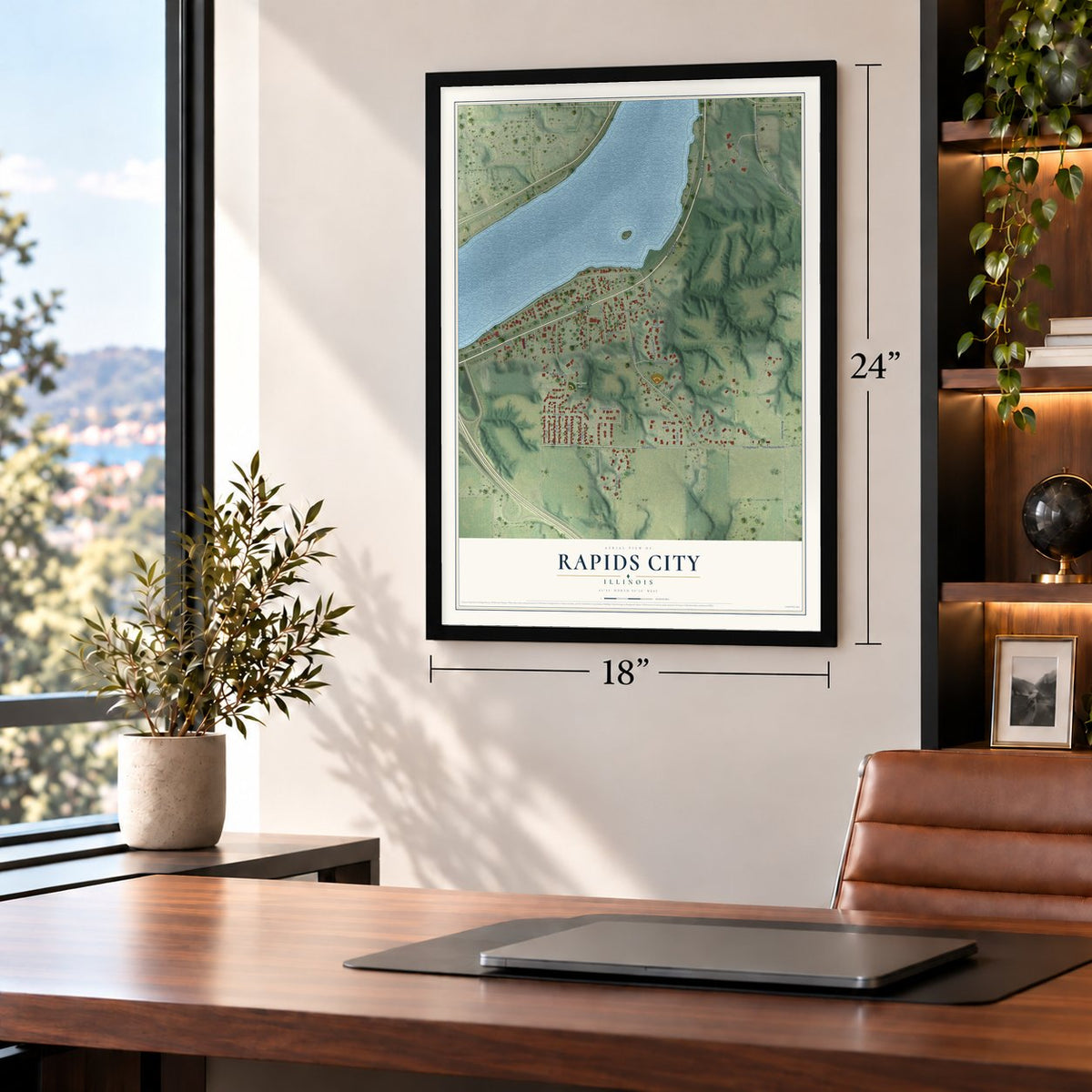 Rapids City, Illinois map, 18 x 24 inch print in a black frame in a home office