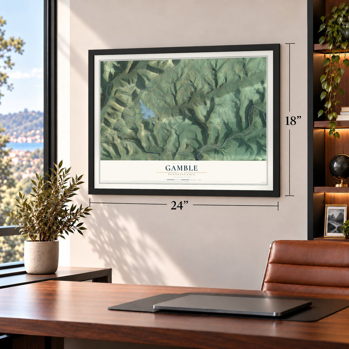 Gamble, Pennsylvania map, 18 x 24 inch print in a black frame in a home office