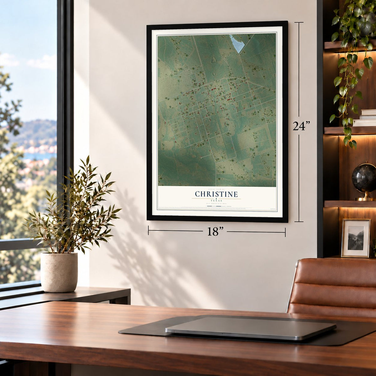 Christine, Texas map, 18 x 24 inch print in a black frame in a home office
