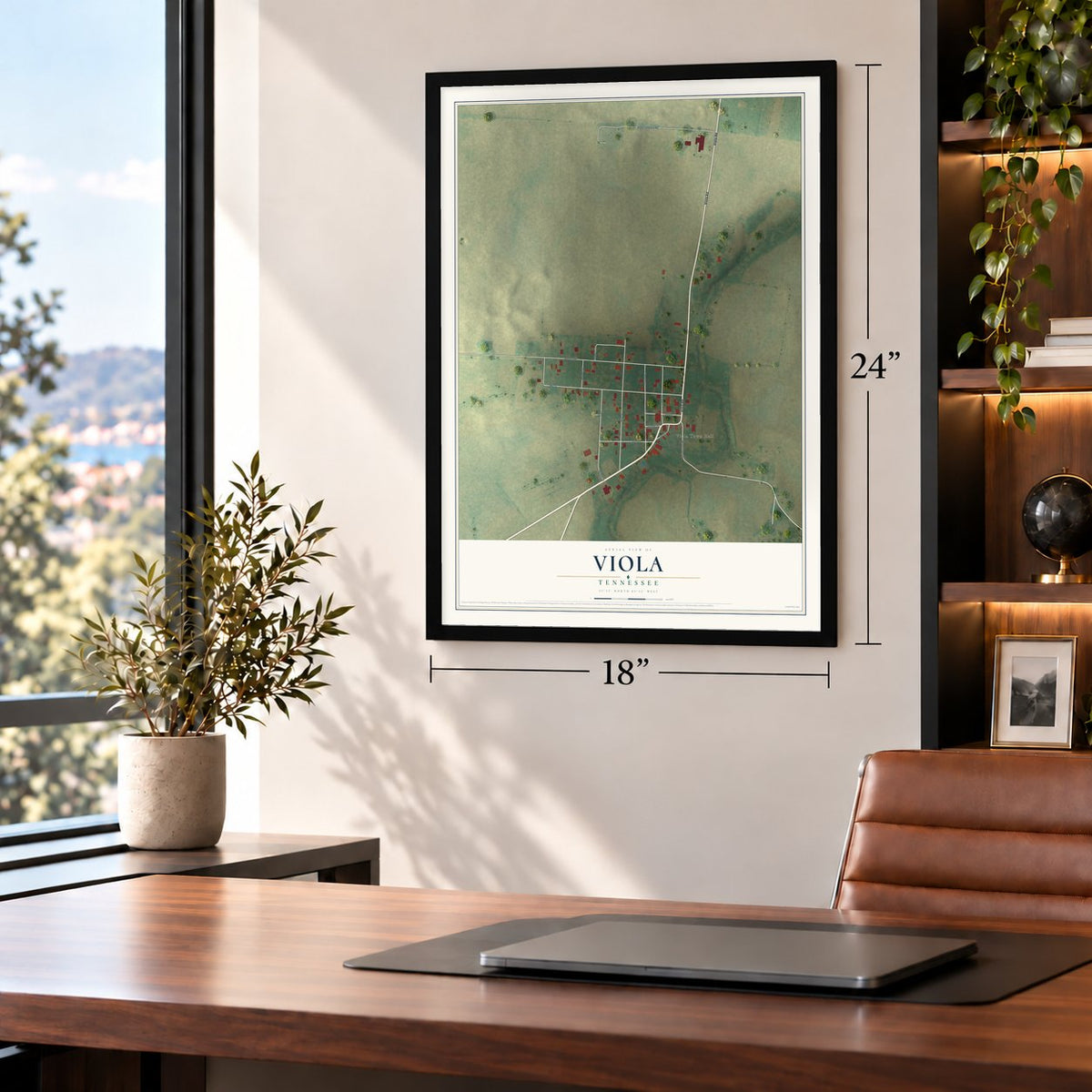 Viola, Tennessee map, 18 x 24 inch print in a black frame in a home office