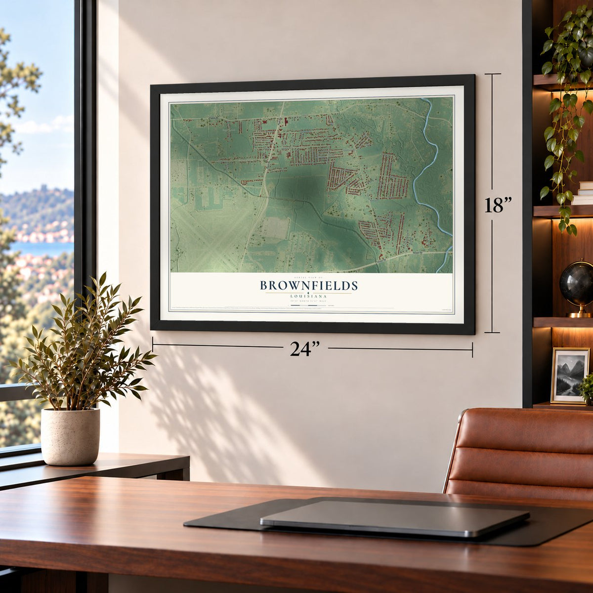 Brownfields, Louisiana map, 18 x 24 inch print in a black frame in a home office