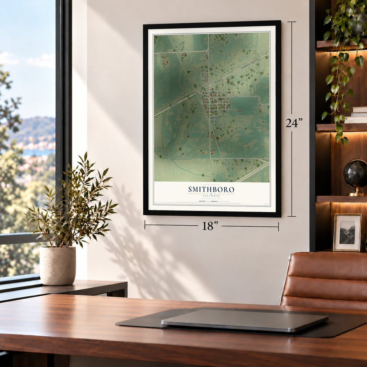 Smithboro, Illinois map, 18 x 24 inch print in a black frame in a home office