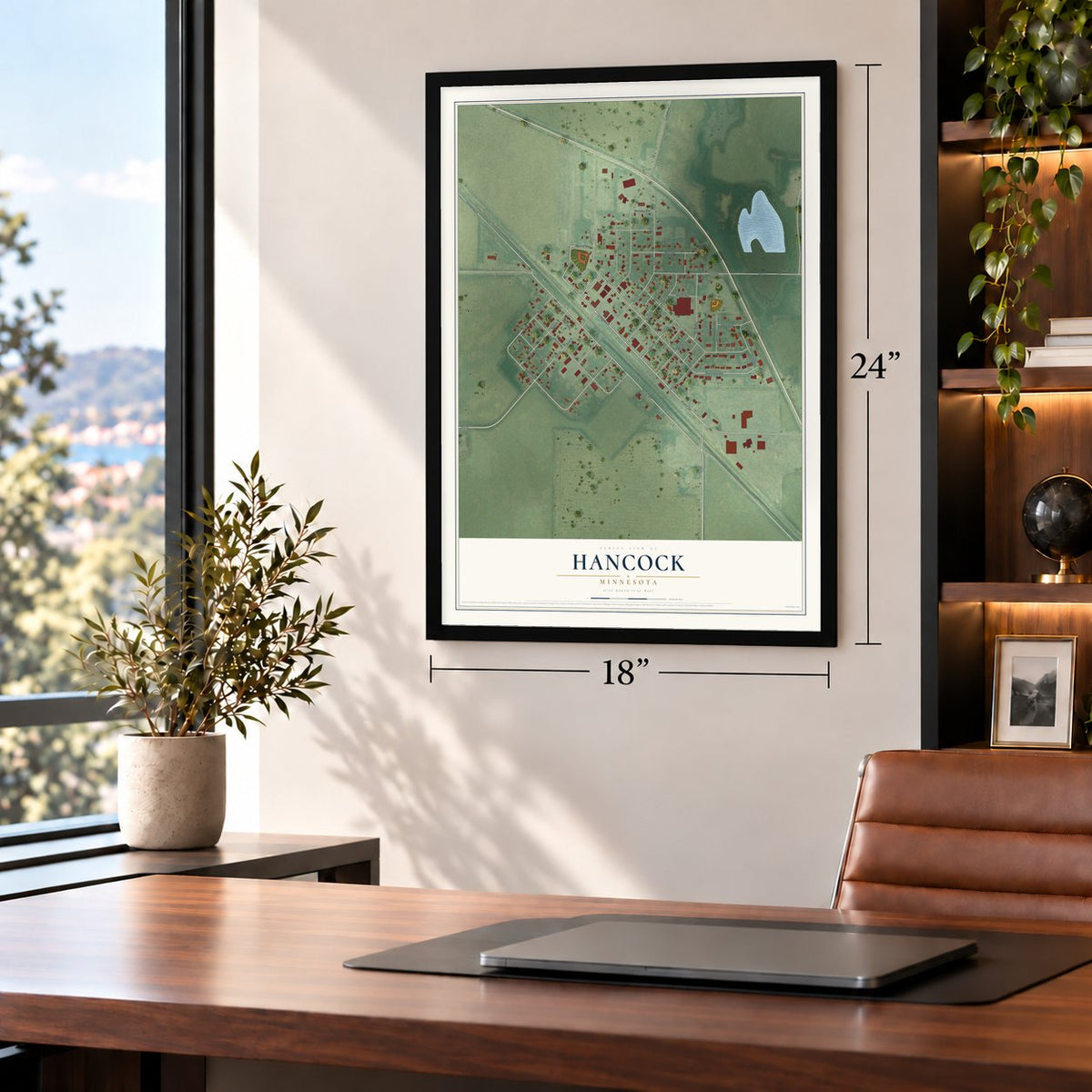 Hancock, Minnesota map, 18 x 24 inch print in a black frame in a home office