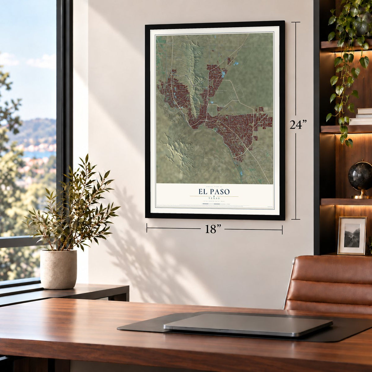 El Paso, Texas map, 18 x 24 inch print in a black frame in a home office