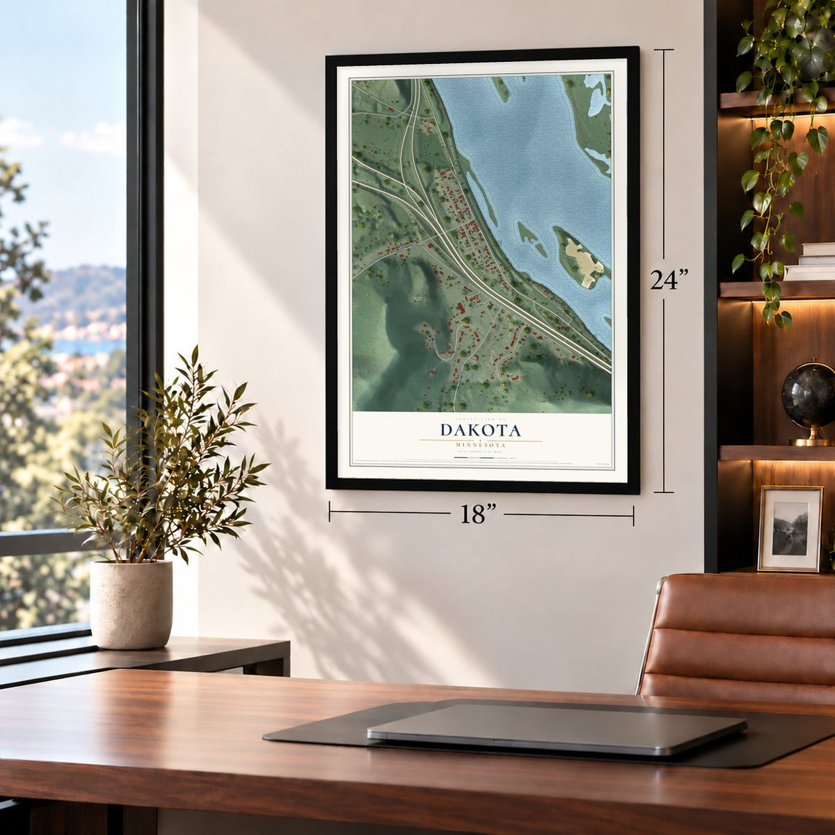 Dakota, Minnesota map, 18 x 24 inch print in a black frame in a home office