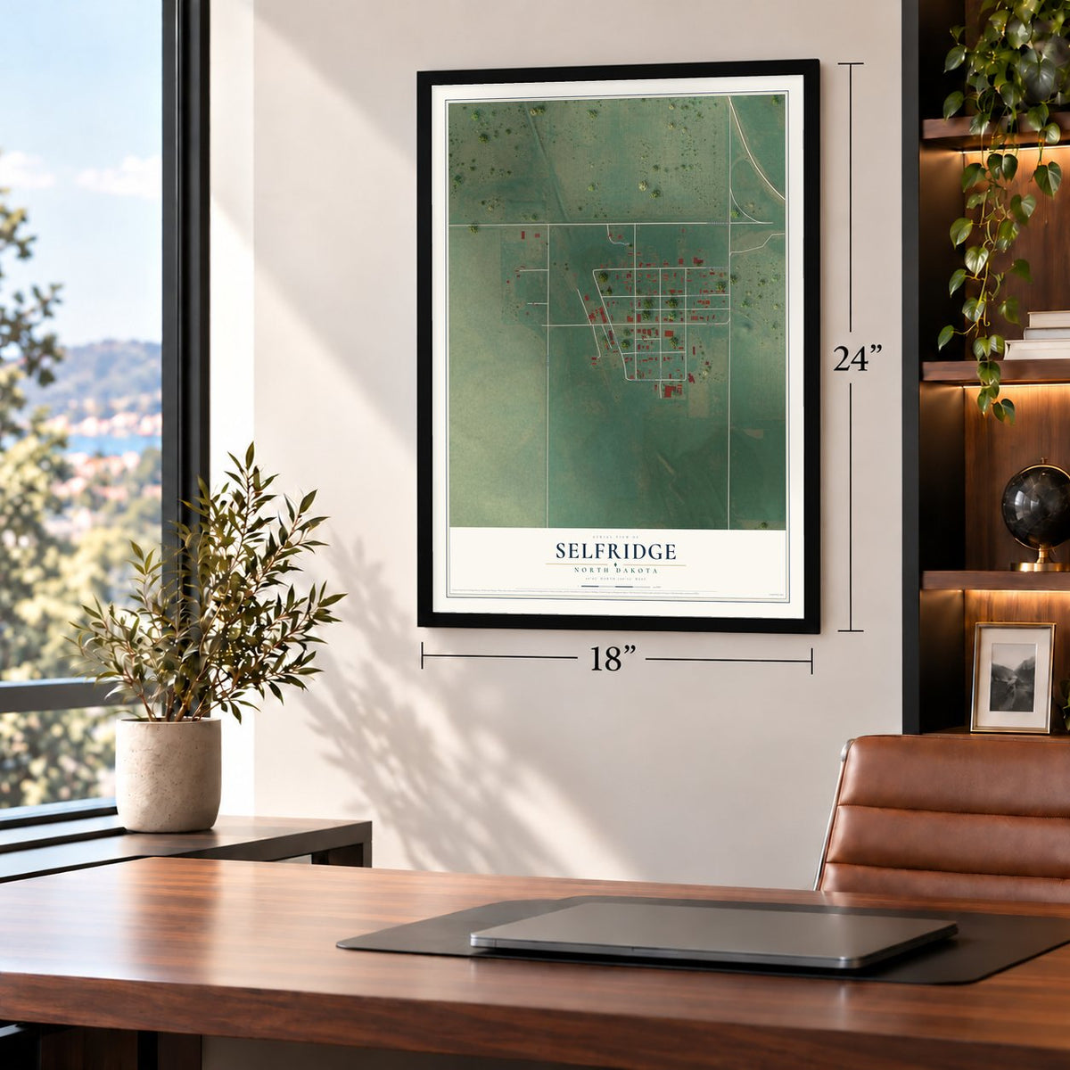 Selfridge, North Dakota map, 18 x 24 inch print in a black frame in a home office