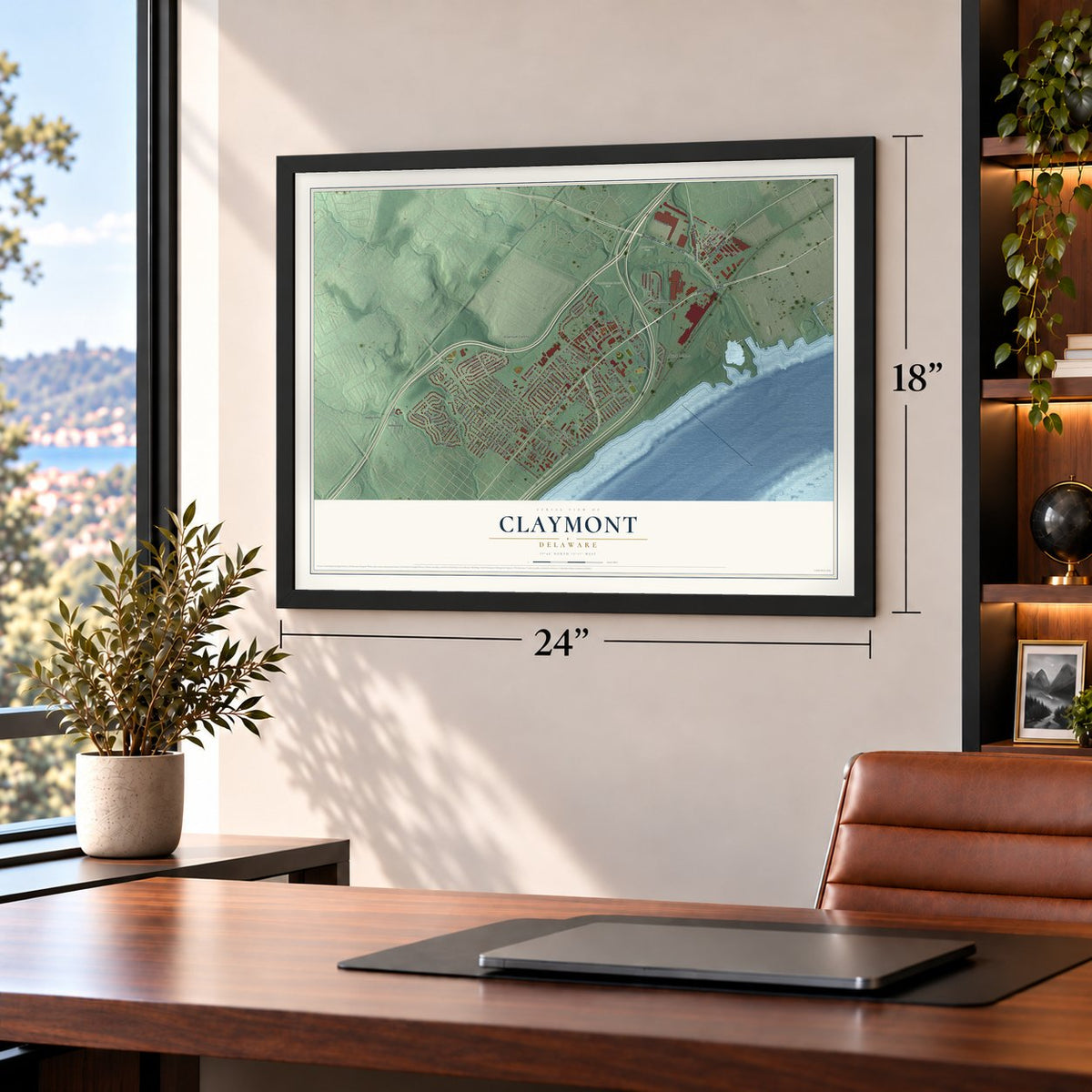 Claymont, Delaware map, 18 x 24 inch print in a black frame in a home office