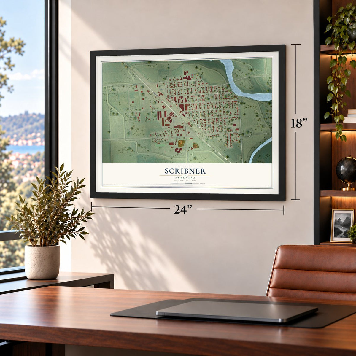 Scribner, Nebraska map, 18 x 24 inch print in a black frame in a home office