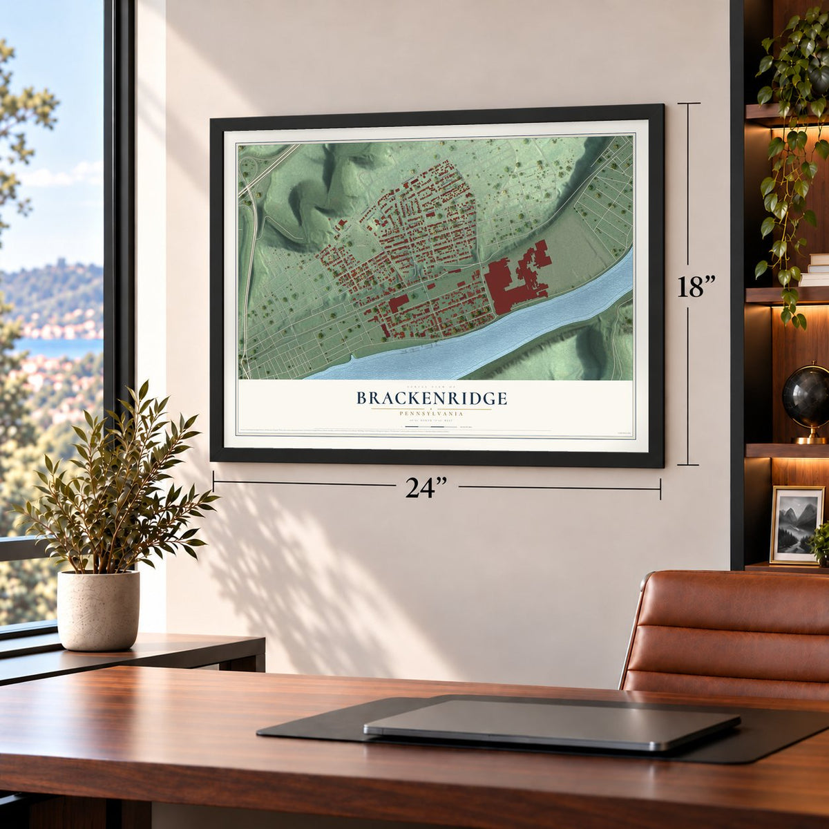 Brackenridge, Pennsylvania map, 18 x 24 inch print in a black frame in a home office